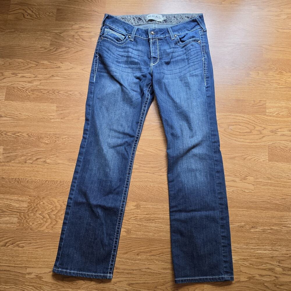 Ariat Real Denim Jeans Womens Size 33R Blue Mid Rise Straight Leg Embroidered